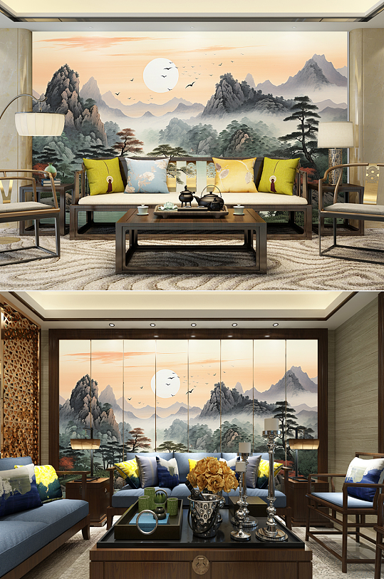 电视机背景墙中堂迎客松山水画装饰画-众图网