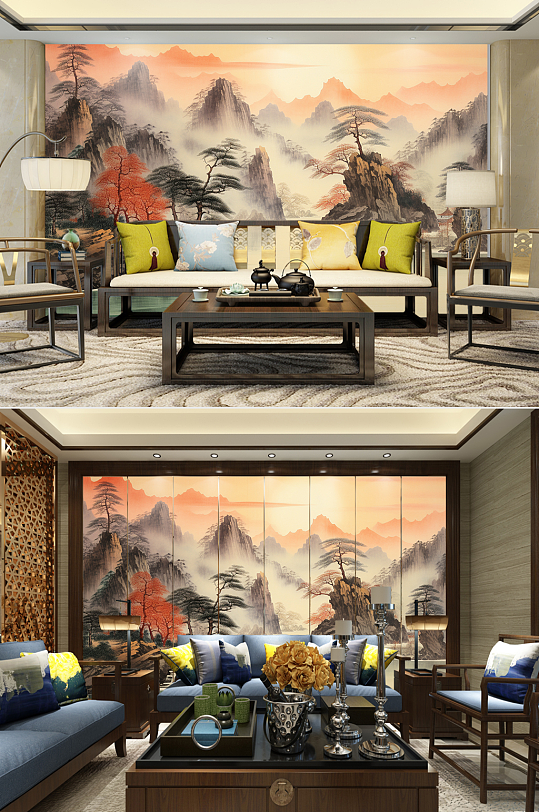 电视机背景墙中堂迎客松山水画装饰画-众图网