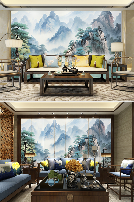 电视机背景墙中堂迎客松山水画装饰画-众图网