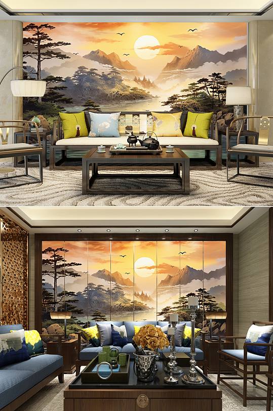 电视机背景墙中堂迎客松山水画装饰画-众图网