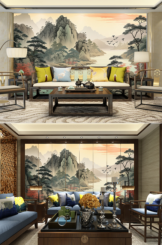 电视机背景墙中堂迎客松山水画装饰画-众图网