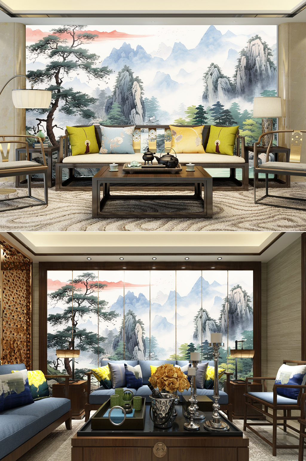 电视机背景墙中堂迎客松山水画装饰画素材