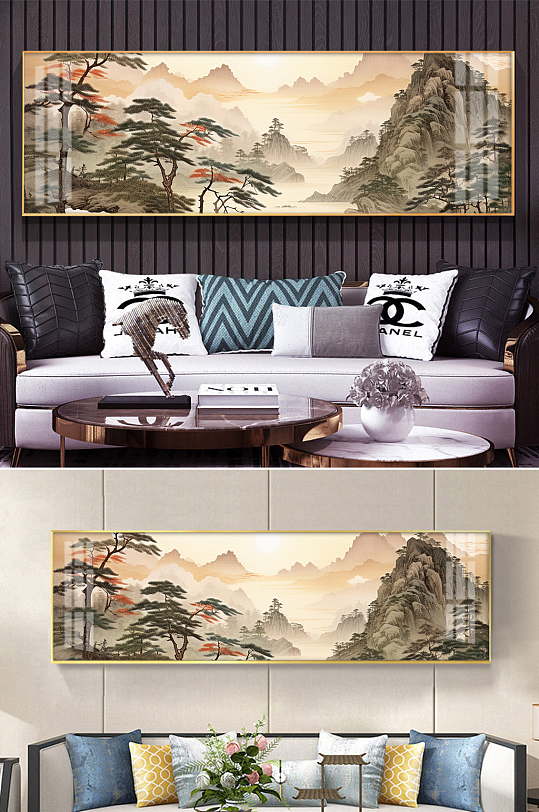 床头中国国画迎客松山水画装饰画-众图网