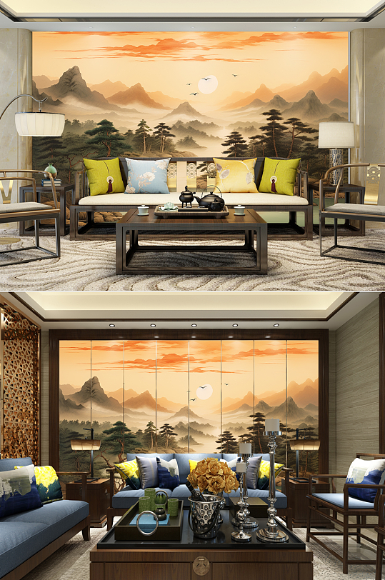 客厅水墨日出迎客松山水画装饰画-众图网