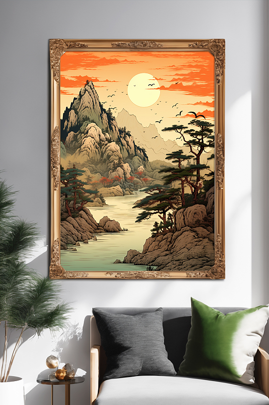 清晰插画迎客松山水画装饰画-众图网