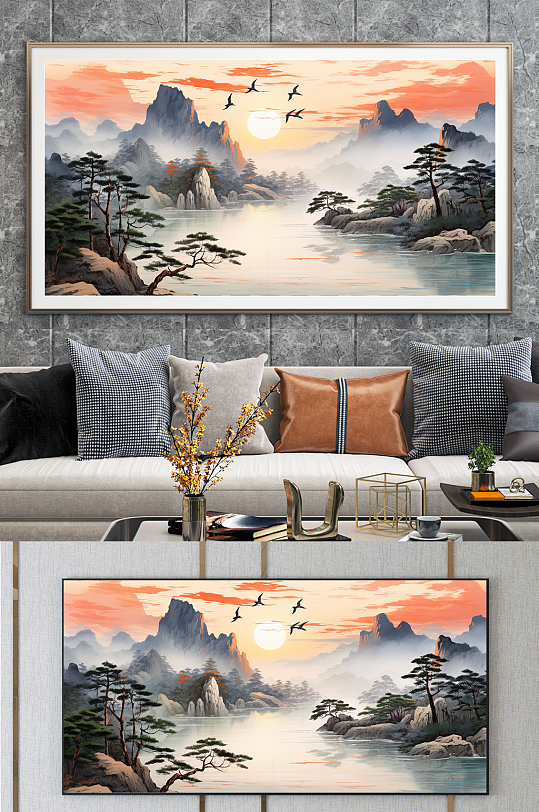 客厅夕阳水墨迎客松山水画装饰画-众图网