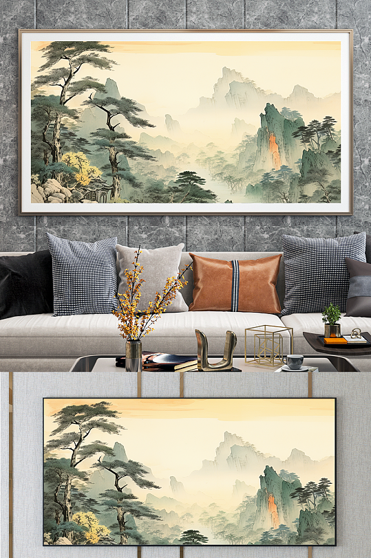 大气水墨迎客松山水画装饰画-众图网