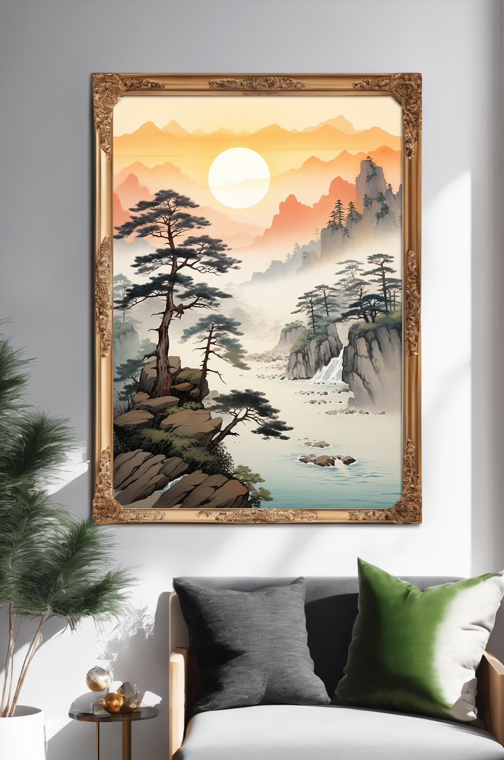 中国风插画迎客松山水画装饰画素材