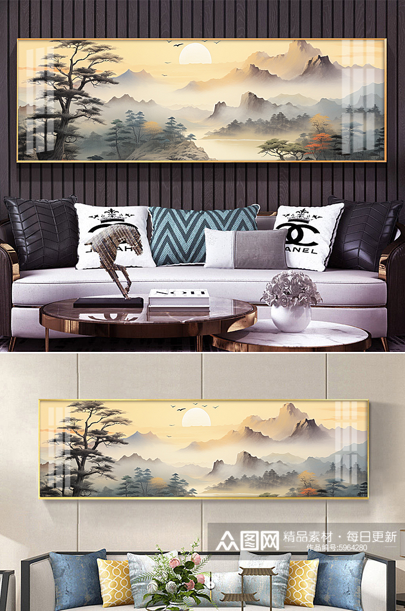 床头中国国画迎客松山水画装饰画素材