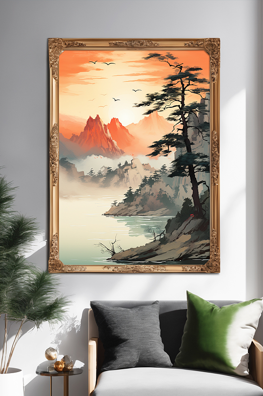 中国风插画迎客松山水画装饰画-众图网