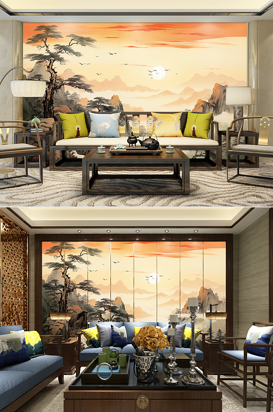大堂迎客松山水画装饰画电视机背景墙-众图网