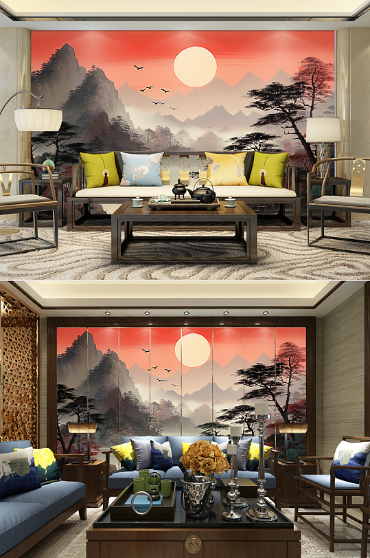 大堂迎客松山水画装饰画电视机背景墙-众图网