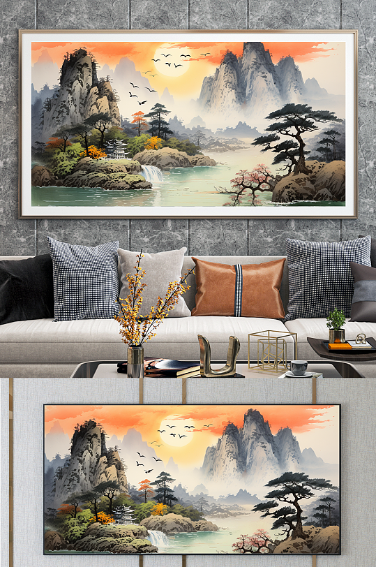 客厅中国国画迎客松山水画装饰画-众图网