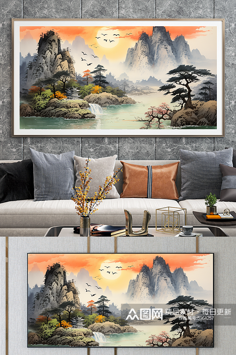 客厅中国国画迎客松山水画装饰画素材