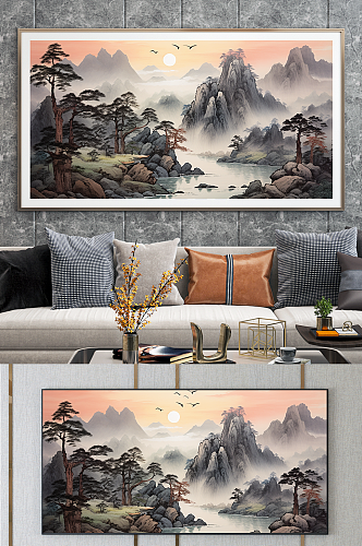 客厅中国国画迎客松山水画装饰画