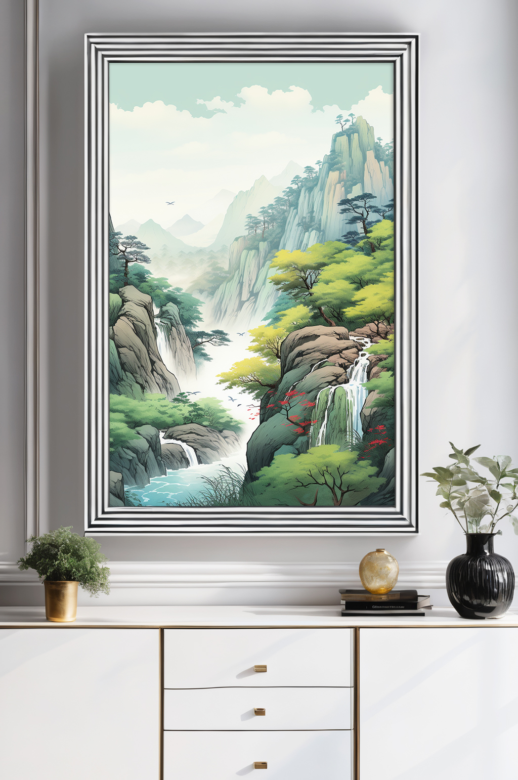 大氣中國風(fēng)插畫迎客松山水畫裝飾畫素材
