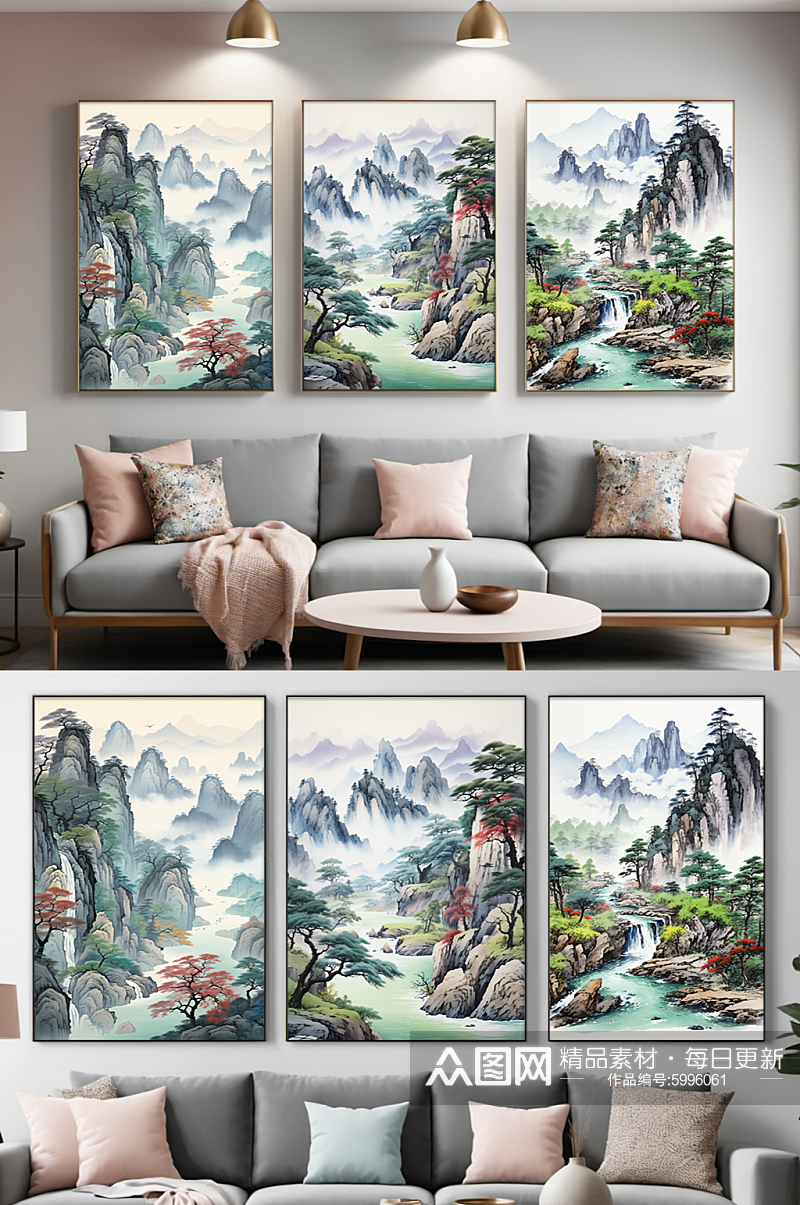 分幅中国风插画迎客松山水画组合装饰画素材