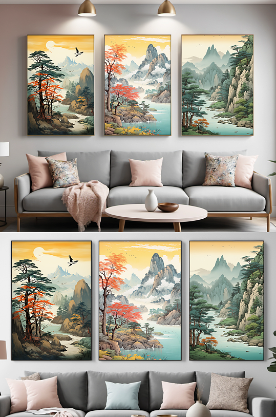 分幅中国风插画迎客松山水画组合装饰画-众图网