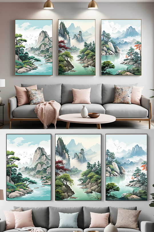 分幅中国风插画迎客松山水画组合装饰画