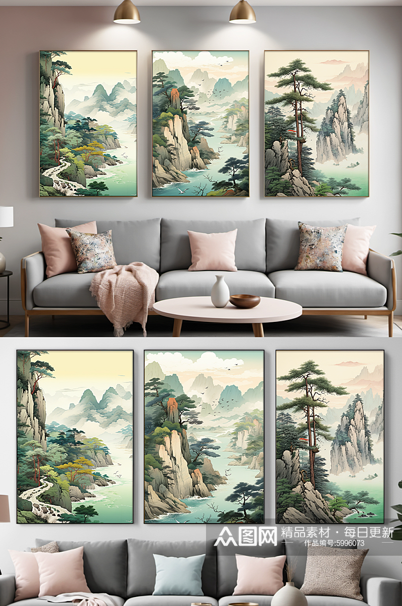 分幅中国风插画迎客松山水画组合装饰画素材