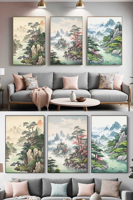 分幅中國(guó)風(fēng)插畫迎客松山水畫組合裝飾畫