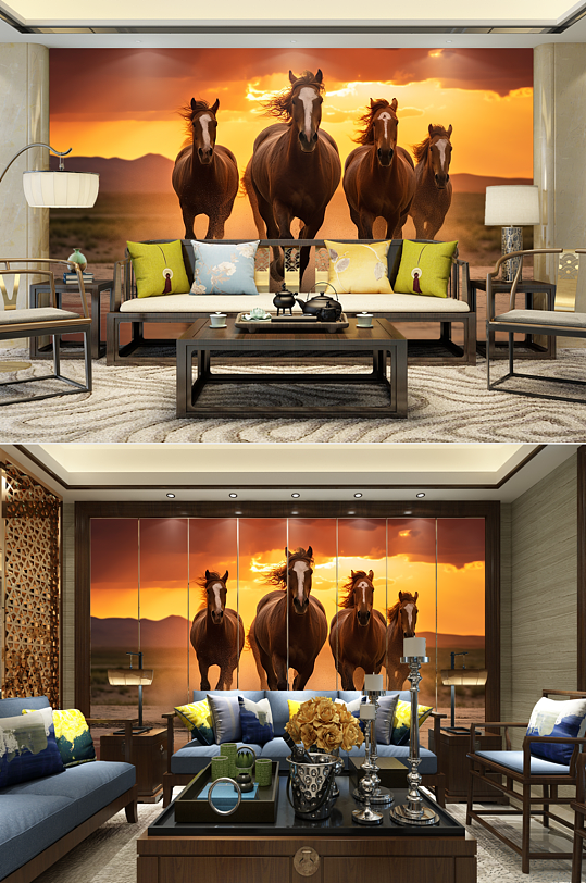 夕阳中国风企业骏马图装饰画电视机背景墙-众图网
