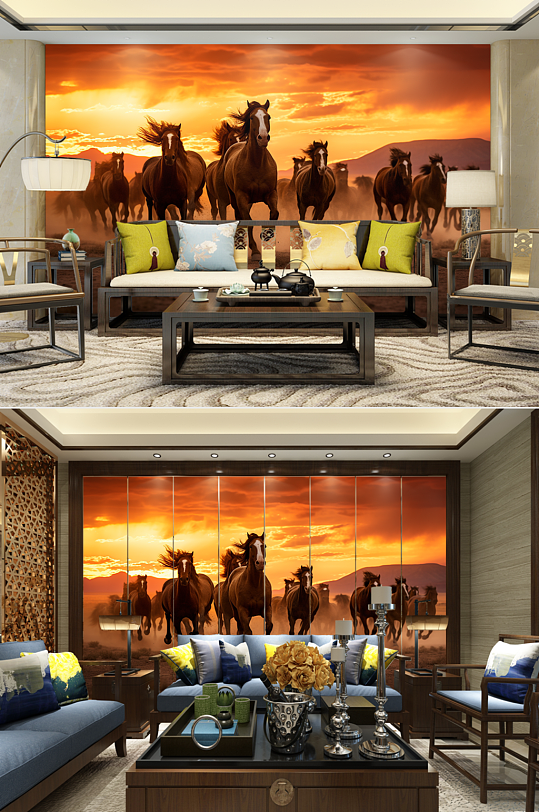 夕阳中国风企业骏马图装饰画电视机背景墙-众图网