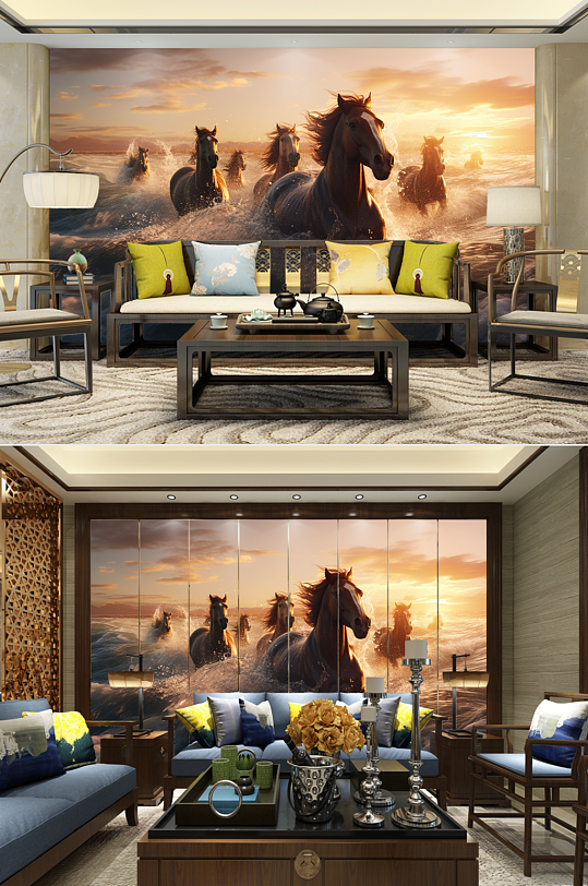 夕阳中国风企业骏马图装饰画电视机背景墙-众图网