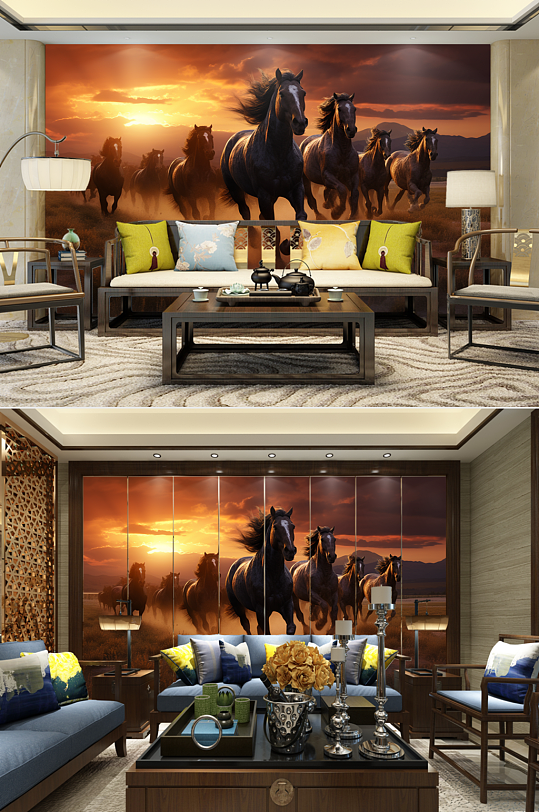 夕阳中国风企业骏马图装饰画电视机背景墙-众图网