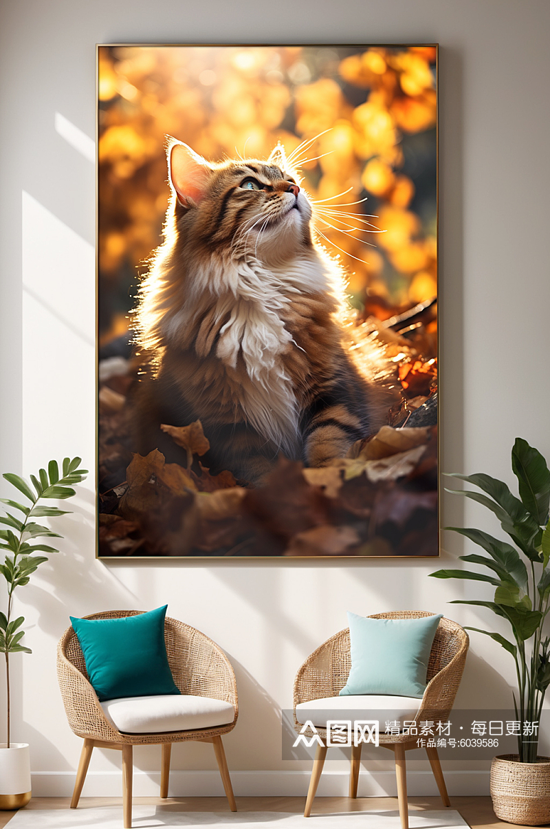 秋季阳光落叶猫咪小猫宠物装饰画素材