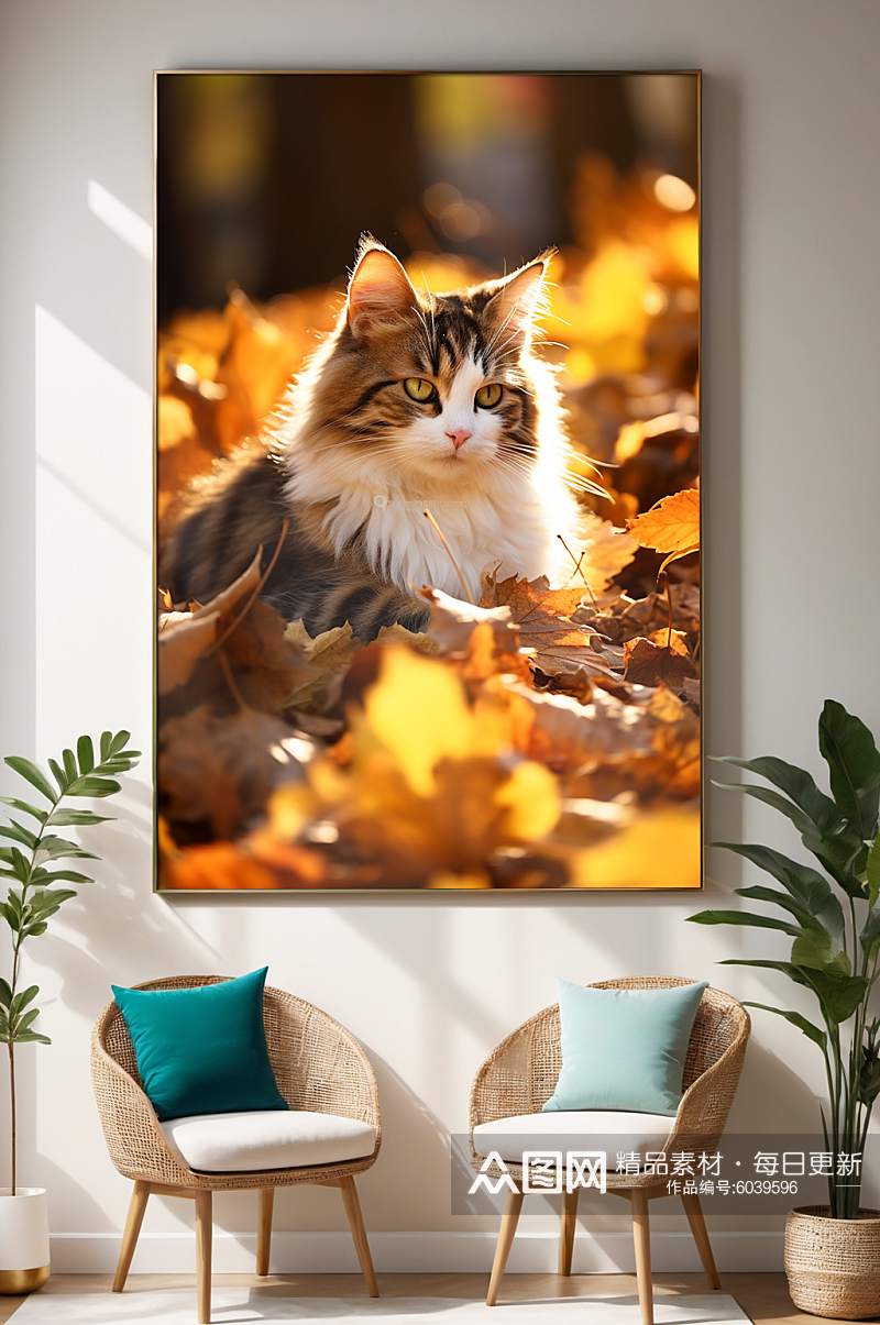 超清摄影秋天落叶猫咪小猫宠物装饰画素材