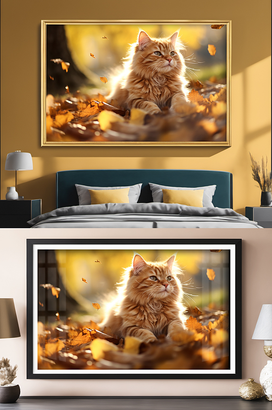 超清摄影秋天落叶猫咪小猫宠物装饰画