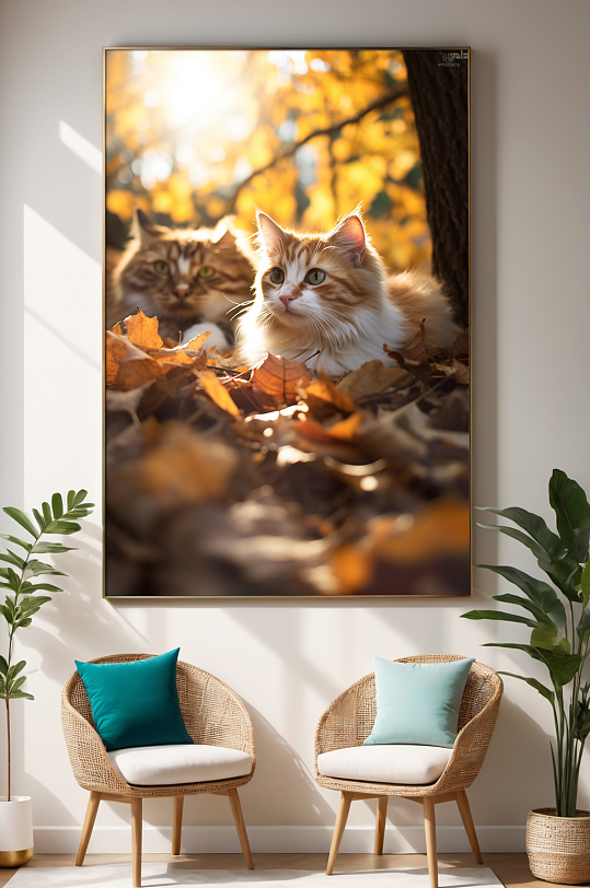 超清摄影秋天落叶猫咪小猫宠物装饰画
