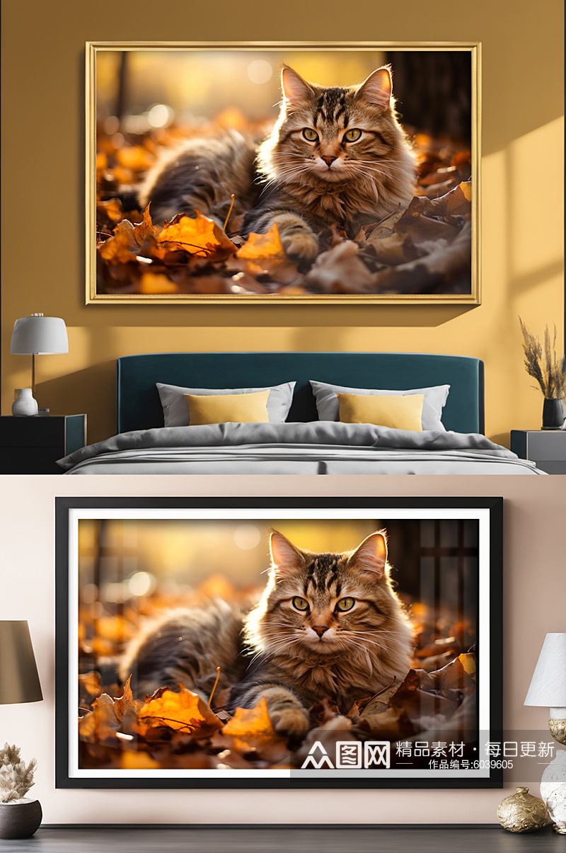 超清摄影秋天落叶猫咪小猫宠物装饰画素材
