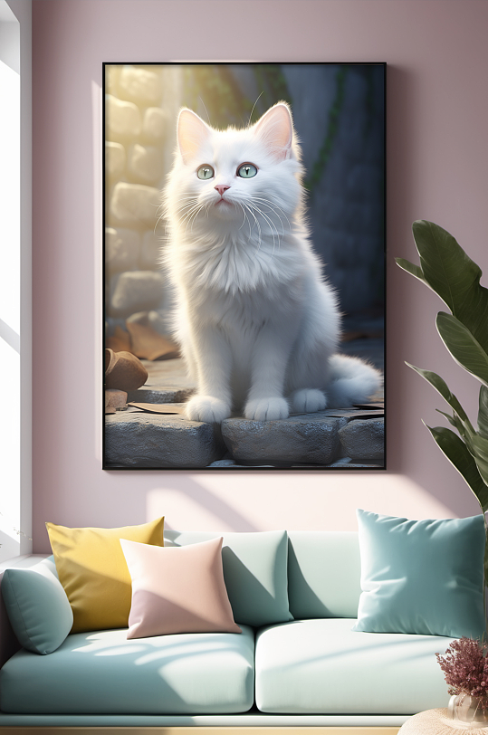 高清创意白色猫咪小猫宠物装饰画