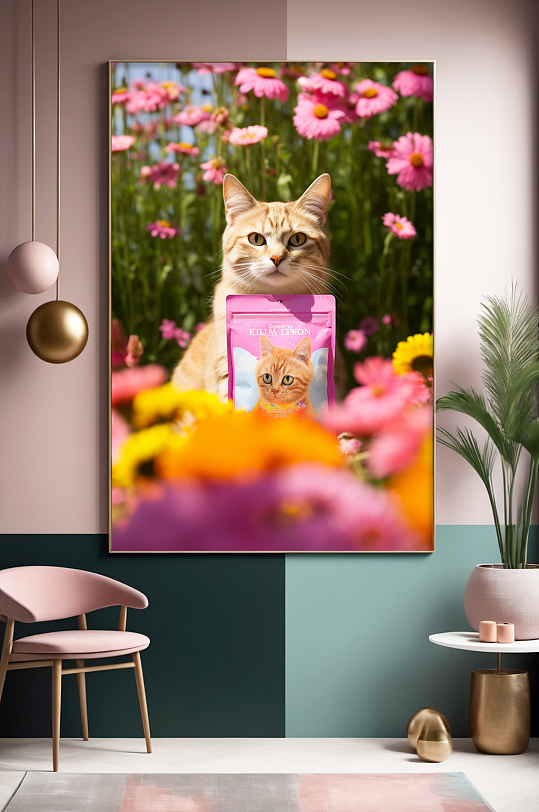 花卉猫粮猫零食插画猫猫咪小猫宠物装饰画