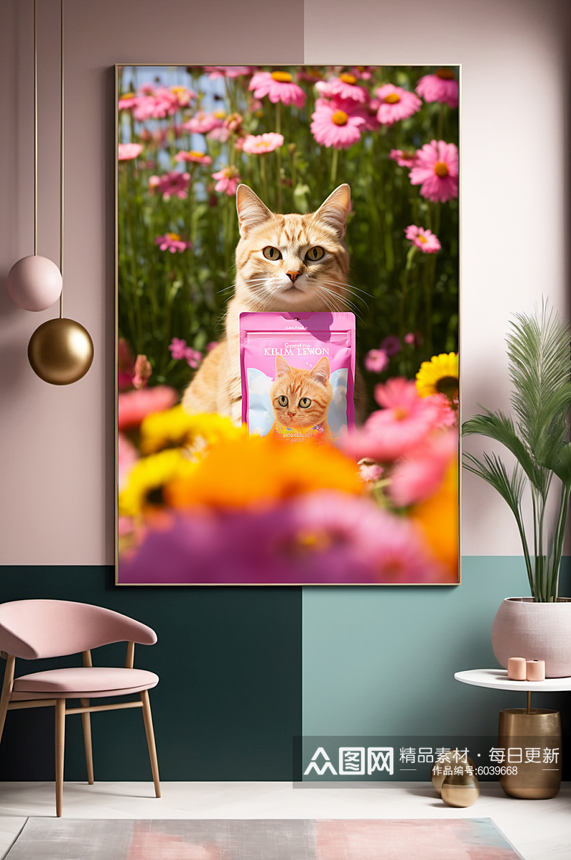 花卉猫粮猫零食插画猫猫咪小猫宠物装饰画素材