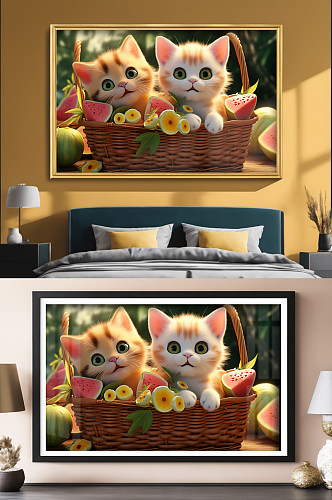 果篮里的猫插画可爱猫咪小猫宠物装饰画