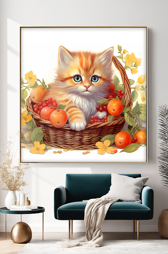 果篮里的猫插画可爱猫咪小猫宠物装饰画
