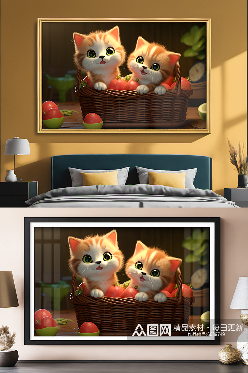 暖色调果篮插画可爱猫咪小猫宠物装饰画素材