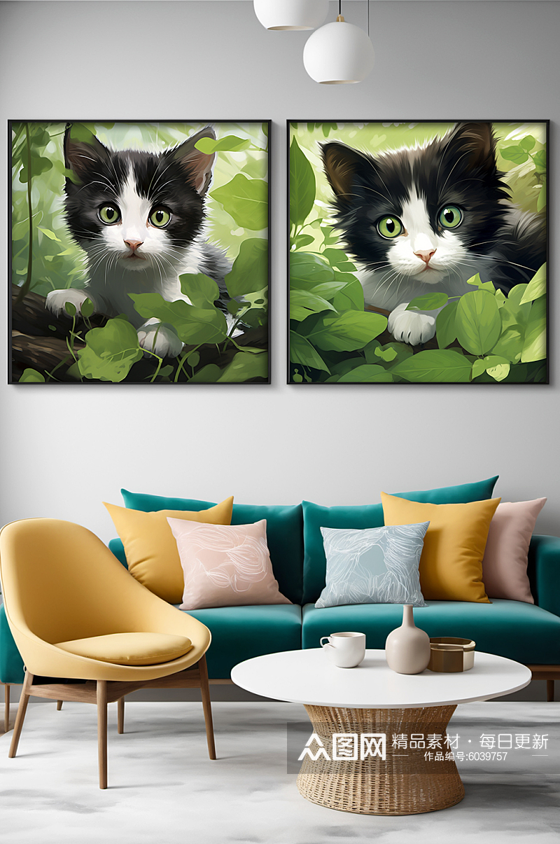 分幅组合插画树叶小猫宠物装饰画素材