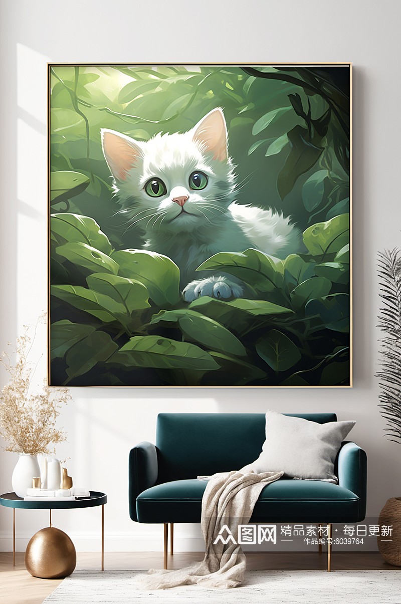 阳光树叶插画白色猫咪小猫宠物装饰画素材