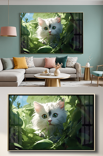 阳光树叶插画白色猫咪小猫宠物装饰画