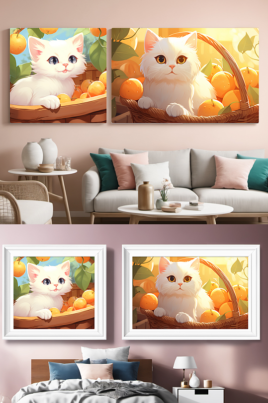 分幅组合插画橘子猫咪小猫宠物装饰画