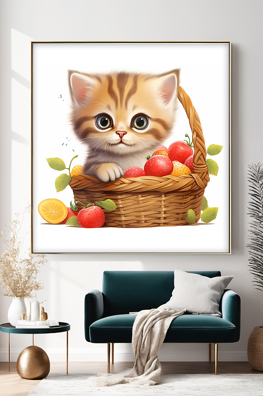 果篮插画猫咪小猫宠物装饰画