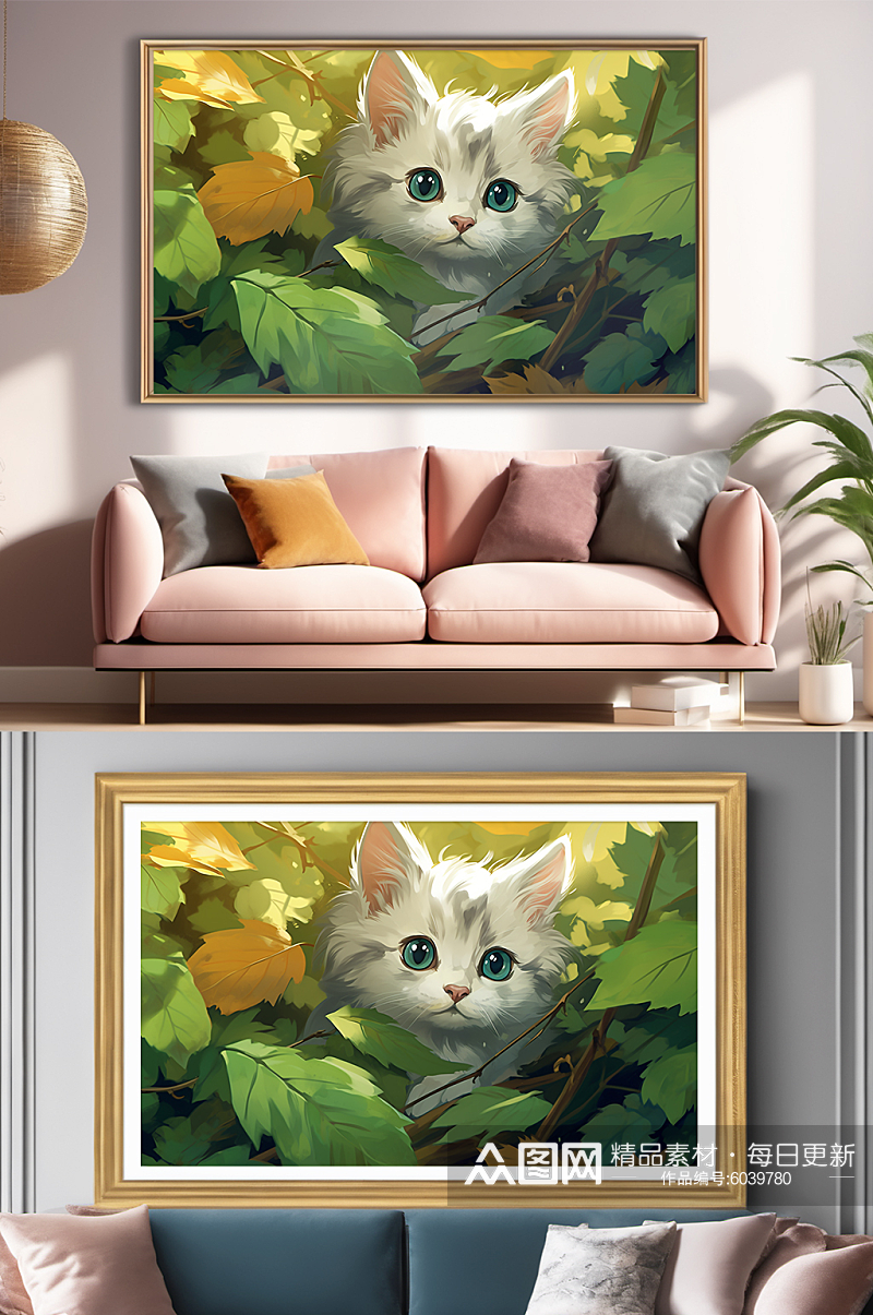 阳光树叶插画虎斑猫咪小猫宠物装饰画素材