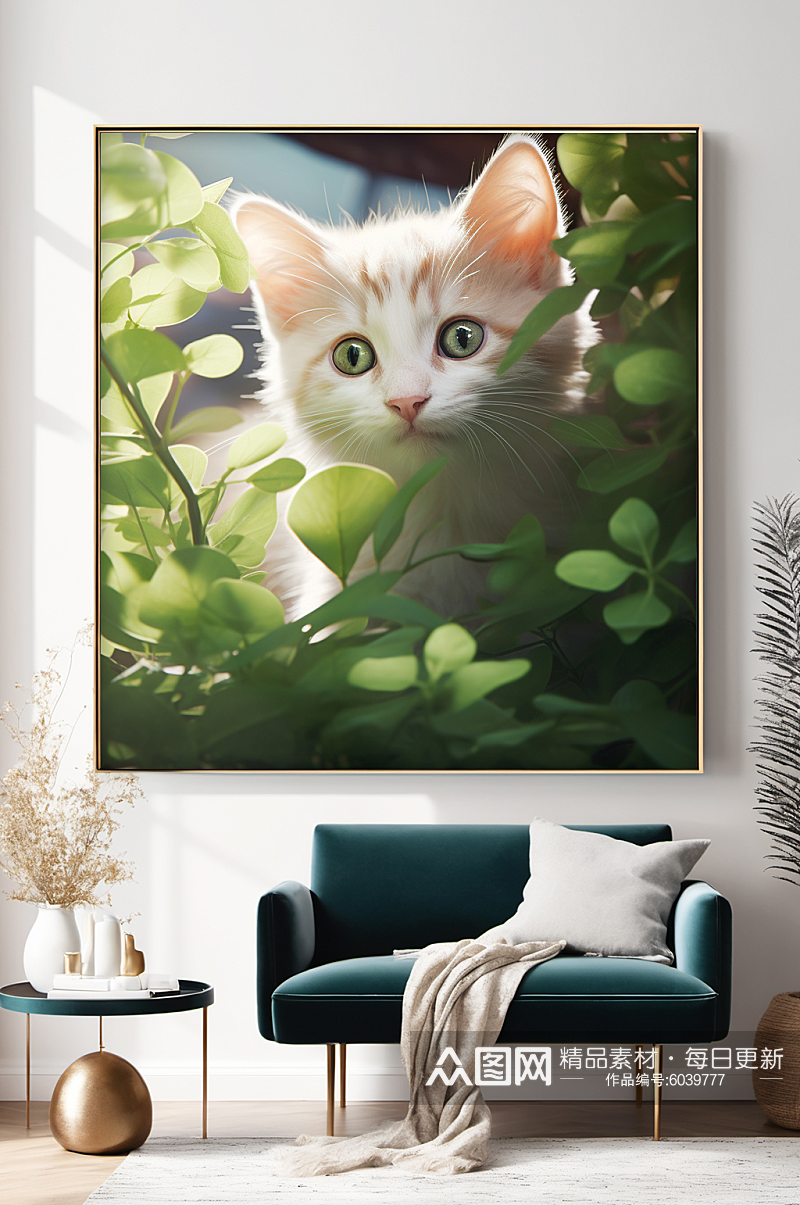 阳光树叶插画白色猫咪小猫宠物装饰画素材
