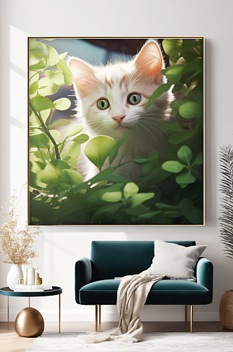 阳光树叶插画白色猫咪小猫宠物装饰画