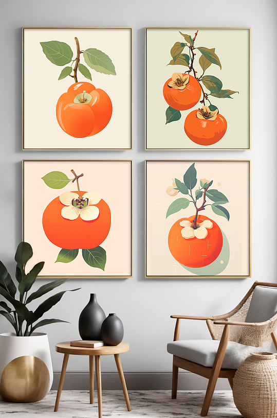 分幅国画喜鹊柿子好事发生组合装饰画-众图网