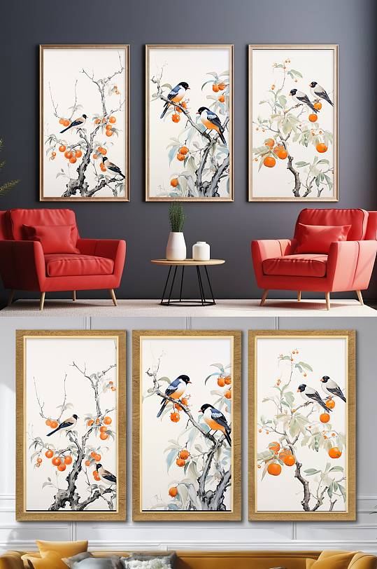 分幅国画喜鹊柿子好事发生组合装饰画-众图网